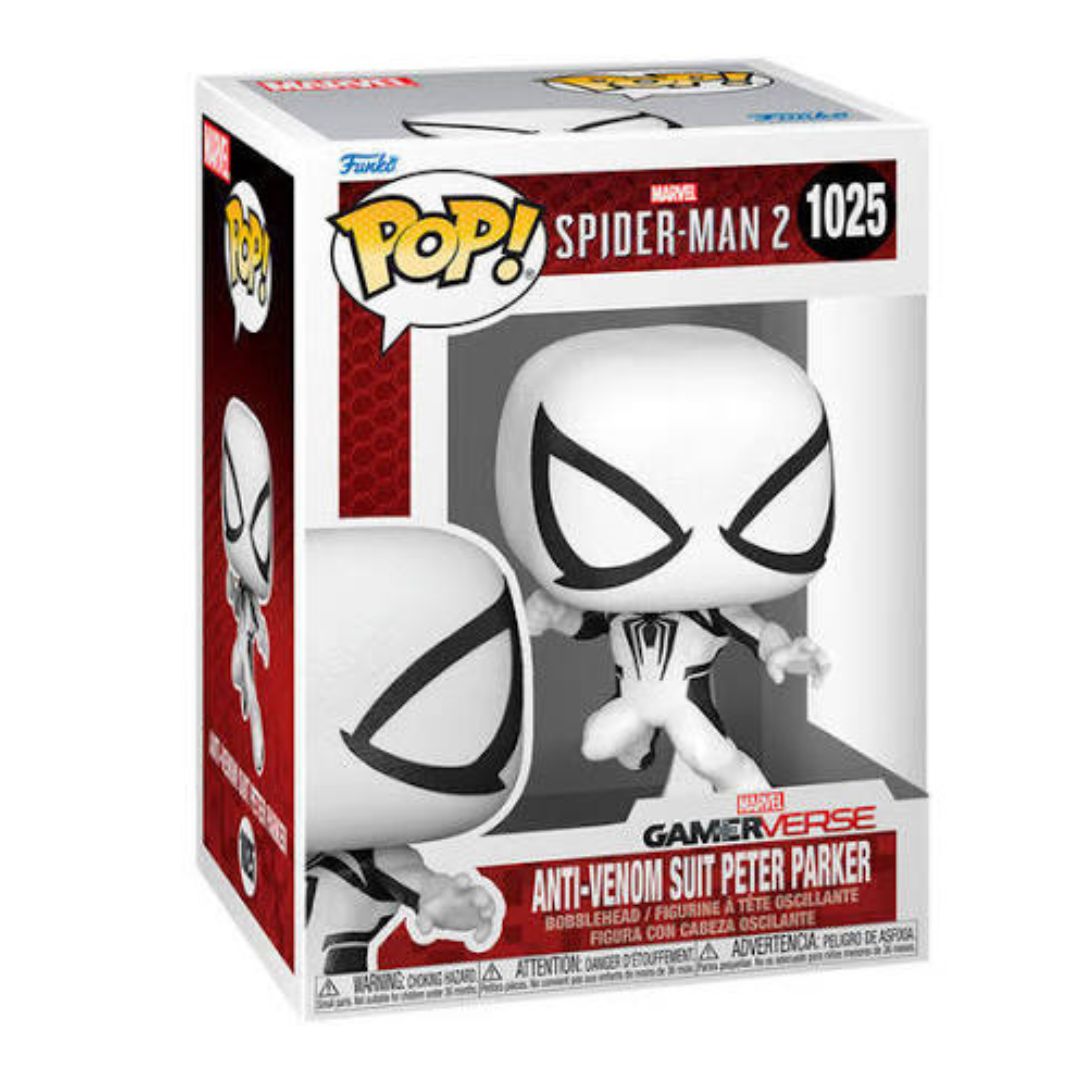 Funko Pop! Marvelverse Spider-Man 2 Anti-Venom Suit Peter Parker vinyl figure in its original window box packaging, featuring the white and black suit design from Spider-Man 2.