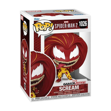 Funko Pop! Marvelverse Scream (Spider-Man 2 #1026) in its original window box packaging, featuring the character with his signature red hair and yellow suit.