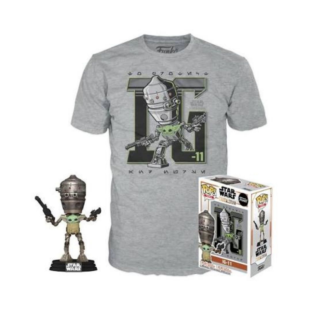 A heather gray Funko Pop! T-shirt featuring a large graphic of C-3PO holding a blaster, shown alongside a smaller standalone C-3PO figure and the product box on a white background.