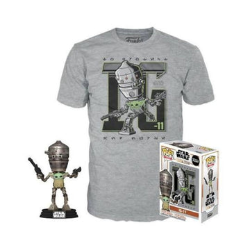 A heather gray Funko Pop! T-shirt featuring a large graphic of C-3PO holding a blaster, shown alongside a smaller standalone C-3PO figure and the product box on a white background.