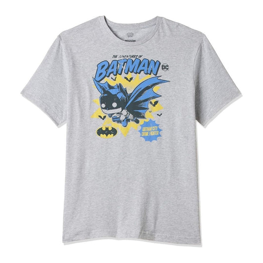A heather gray short-sleeve t-shirt featuring a colorful graphic of a cartoon Batman flying, with 'BATMAN' printed in blue above and a DC logo on the chest.