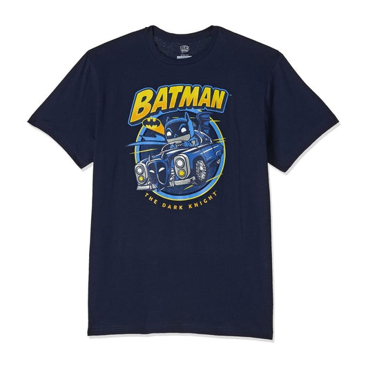 A navy blue short-sleeve graphic t-shirt featuring a cartoon-style Batman car and the 'Batman: The Dark Knight' logo on the front, displayed against a clean white background.