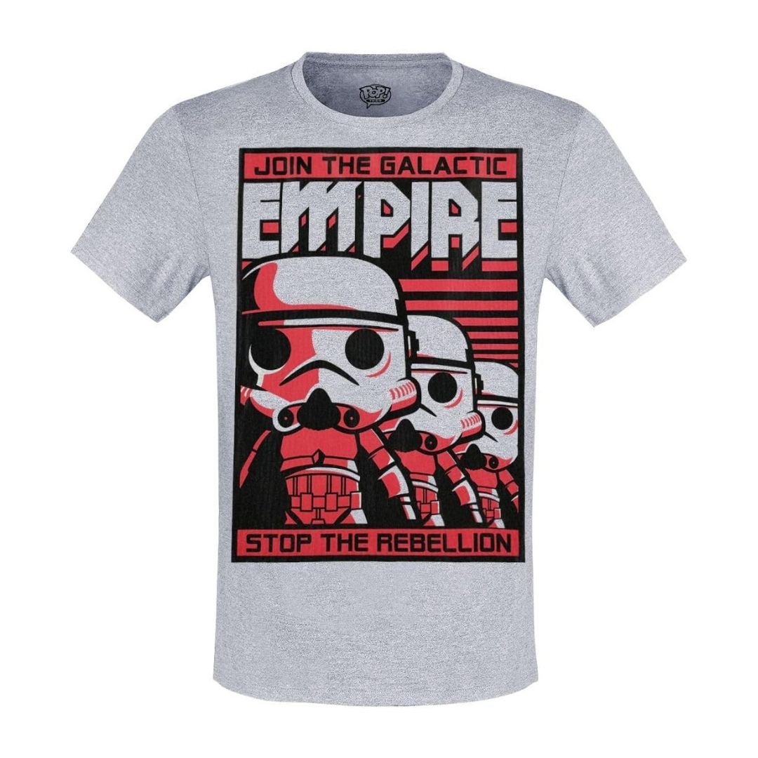 A heather gray crewneck t-shirt featuring a red, black, and white graphic print of Stormtroopers with the text 'JOIN THE GALACTIC EMPIRE' and 'STOP THE REBELLION'.