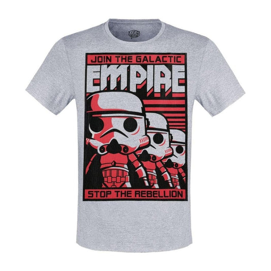 A heather gray crewneck t-shirt featuring a red, black, and white graphic print of Stormtroopers with the text 'JOIN THE GALACTIC EMPIRE' and 'STOP THE REBELLION'.
