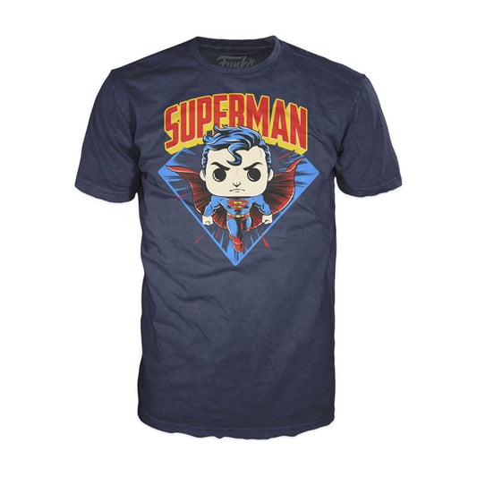 A navy blue short-sleeve t-shirt featuring a Funko Pop! Superman graphic on the front, displayed against a solid white background.
