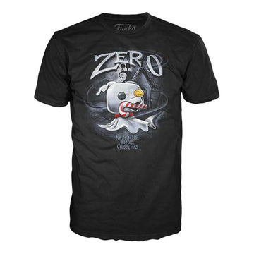 A black short-sleeve graphic t-shirt featuring a cartoon ghost wearing a red and white striped Santa hat and scarf, with the text 'ZERO' and 'MISTAKE NEVER CHRISTMAS' on a white background.