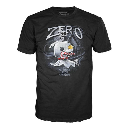 A black short-sleeve graphic t-shirt featuring a cartoon ghost wearing a red and white striped Santa hat and scarf, with the text 'ZERO' and 'MISTAKE NEVER CHRISTMAS' on a white background.