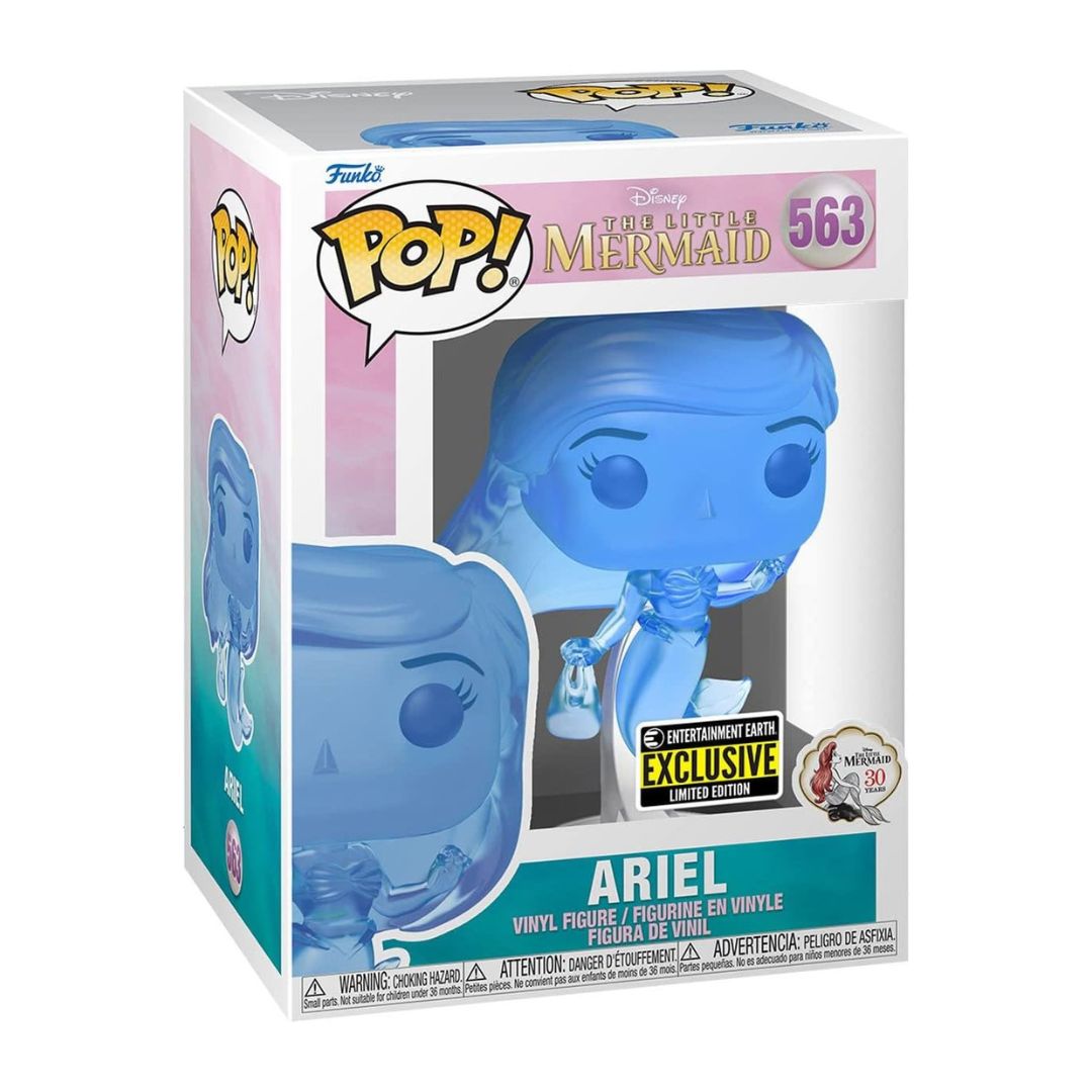 Funko Pop! Disney The Little Mermaid Ariel Exclusive 30th Anniversary vinyl figure in its original packaging, featuring a translucent blue Ariel figure.