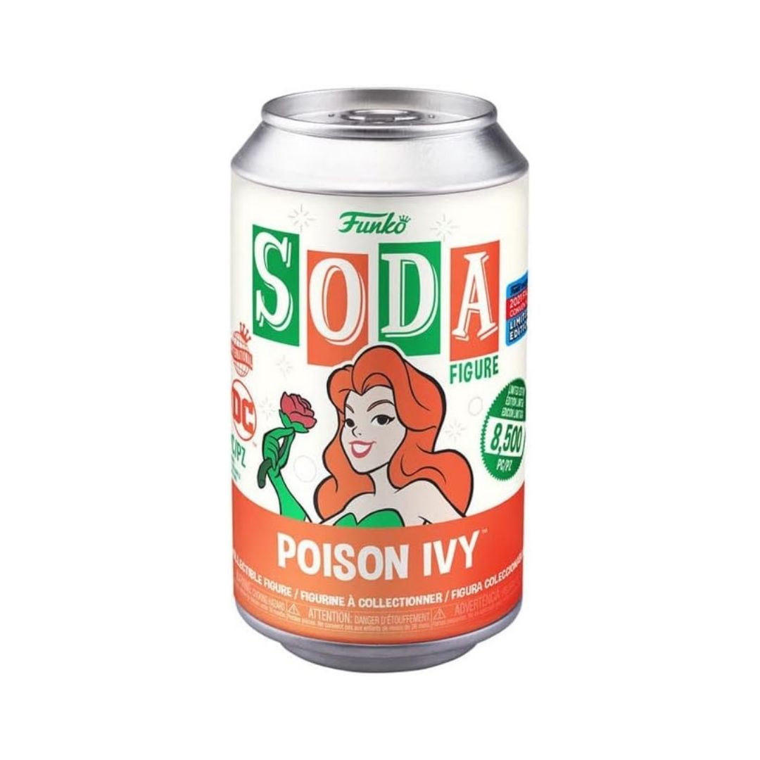 A Funko Soda collectible figure can of Poison Ivy, featuring a white label with red, green, and orange graphics, and an illustration of Poison Ivy holding a rose.