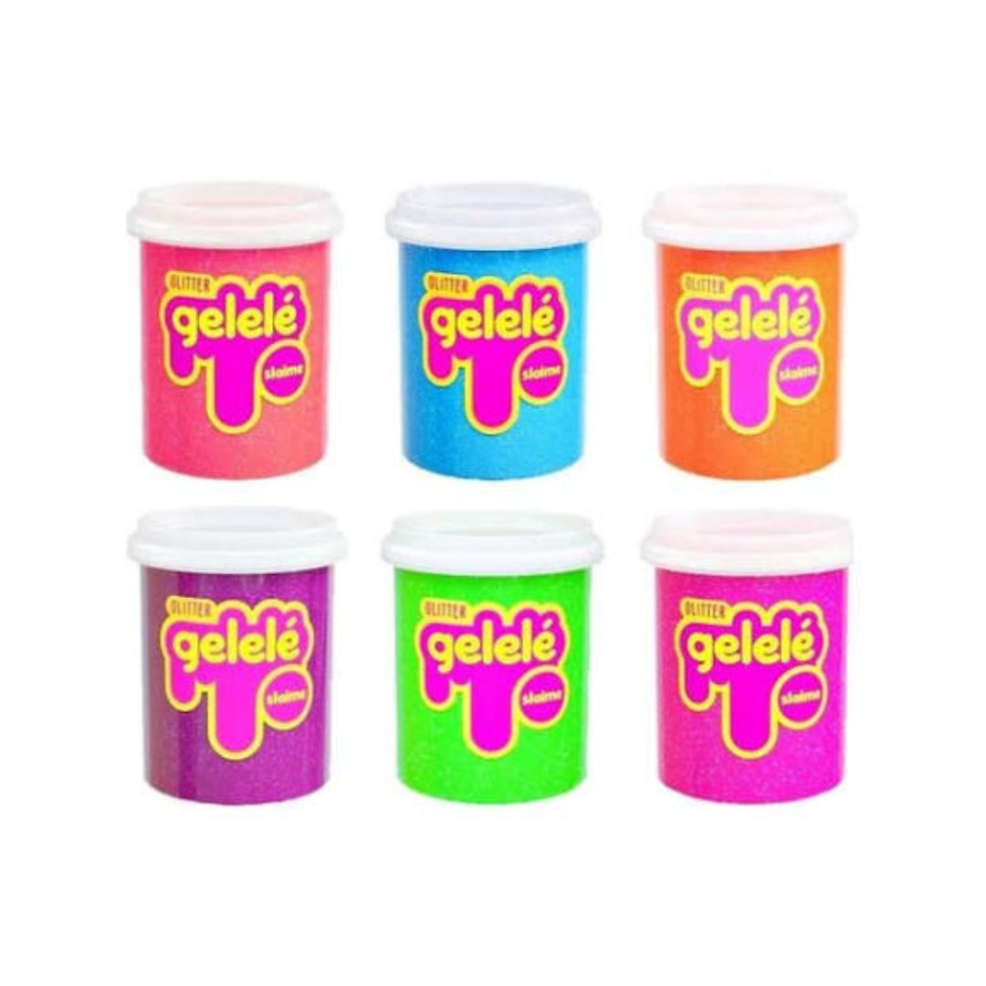 Six plastic tubs of glitter gelé in assorted bright colors, arranged in two rows of three on a plain white background. The tubs include pink, blue, orange, purple, green, and magenta, each with a white lid and a yellow and pink 'geleé' logo on the front.