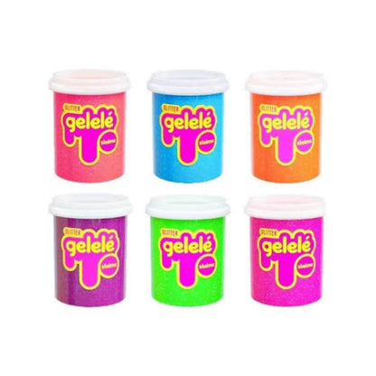 Six plastic tubs of glitter gelé in assorted bright colors, arranged in two rows of three on a plain white background. The tubs include pink, blue, orange, purple, green, and magenta, each with a white lid and a yellow and pink 'geleé' logo on the front.