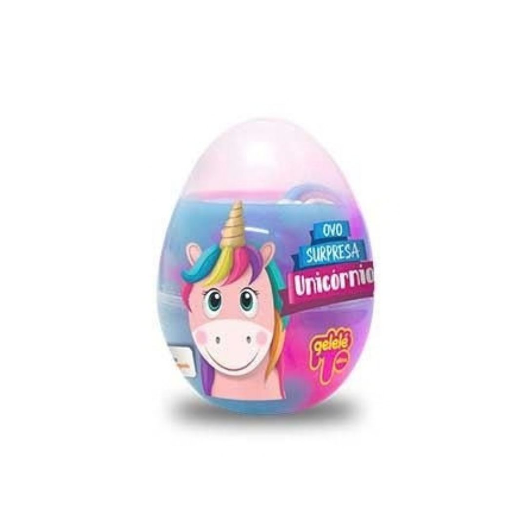 A plastic surprise egg toy with a colorful unicorn illustration on the front, featuring Spanish text 'OVO SURPRESA Unicorrillo' and a 'Gabbli Te' logo, set against a plain white background.