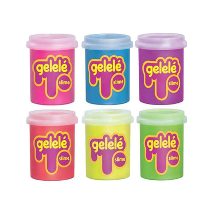 Six plastic tubs of Gelele Slime in assorted bright colors, arranged in two rows of three on a plain white background.