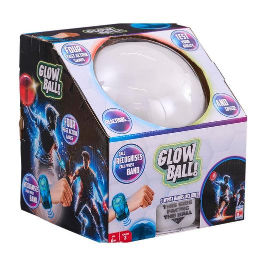 Glow Ball toy in its retail packaging, featuring a white translucent ball visible through a clear angled window on a black and blue illustrated box with product feature callouts.