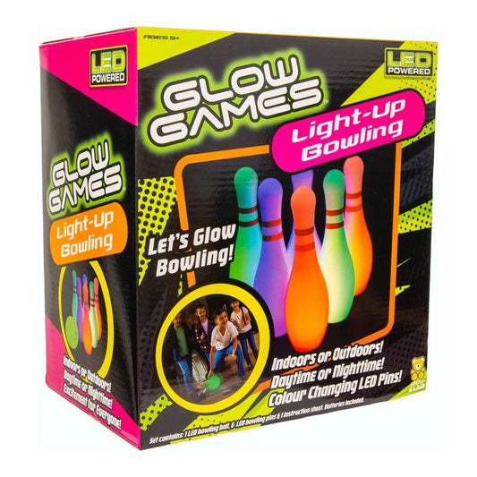 Glow Games Light-Up Bowling toy set in its retail packaging, featuring neon-colored LED bowling pins and bowling balls on a black, pink, and lime green box.