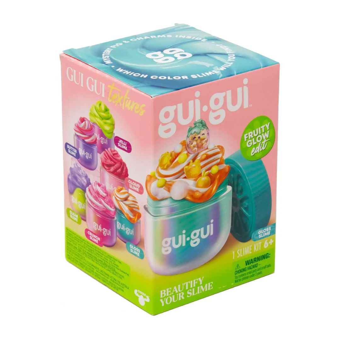 gui-gui Fruty Glow End slime kit in its original pink and green packaging box, featuring illustrations of colorful slime cups and a green circular badge.