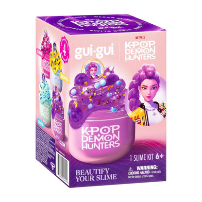 K-POP Demon Hunters Slime Kit by gui-gui in its original retail packaging, featuring a purple and pink box with illustrations of the character and a large jar of purple slime on the front.