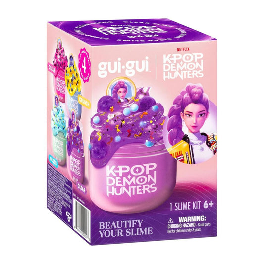 K-POP Demon Hunters Slime Kit by gui-gui in its original retail packaging, featuring a purple and pink box with illustrations of the character and a large jar of purple slime on the front.