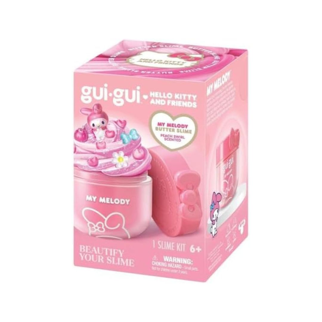 A pink retail box for a My Melody-themed slime kit by gui-gui and Hello Kitty and Friends, shown on a plain white background. The packaging features illustrations of a pink character on a cake and a pink bow, with text including 'MY MELODY', 'HELLO KITTY AND FRIENDS', and '1 SLIME KIT'.