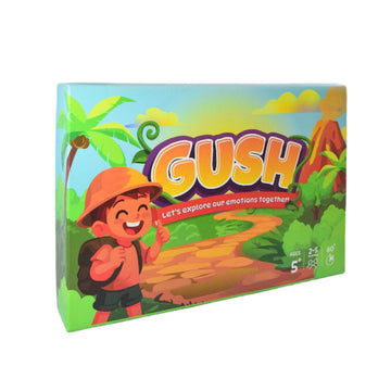 The retail packaging box for the board game 'GUSH' featuring a colorful cartoon illustration of a child explorer on a jungle path, set against a plain white background.