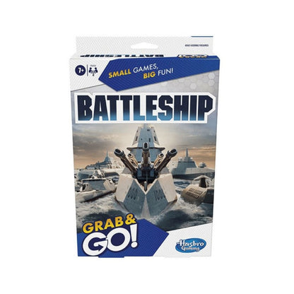Hasbro Gaming Battleship Grab & Go! game box on a white background, featuring navy blue and white packaging with an illustration of ships at sea.