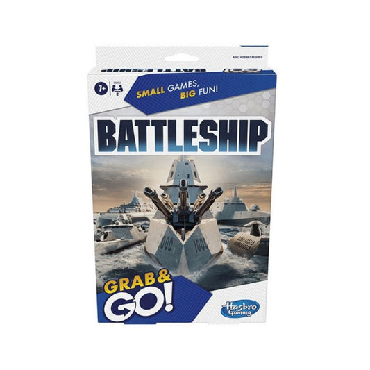 Hasbro Gaming Battleship Grab & Go! game box on a white background, featuring navy blue and white packaging with an illustration of ships at sea.