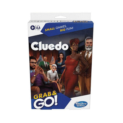 Hasbro Cluedo Grab & Go! board game box on a plain white background, showing the game title, illustrated characters, and product branding.
