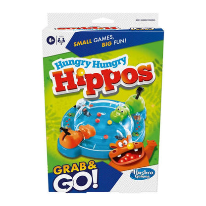 Munch on the go with Hasbro Hungry Hungry Hippos Grab & Go! Features a enclosed cover to keep marbles safe. Perfect 2-player travel game for kids