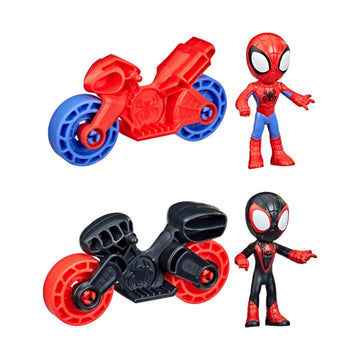 Spider-Man toy set featuring two small Spider-Man figures and two toy motorcycles, one in red and blue and one in black and red, on a plain white background.