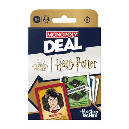 Monopoly Deal: Harry Potter card game box by Hasbro Games, featuring navy, white, and gold packaging with sample cards visible on the front.