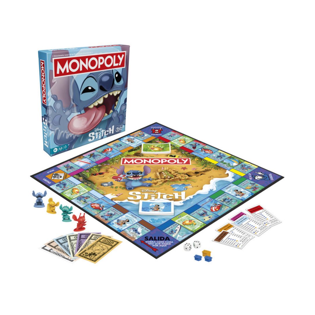 Monopoly: Stitch the Outfitter board game set displayed on a white background, including the game box, play mat, money, tokens, and cards.