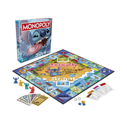 Monopoly: Stitch the Outfitter board game set displayed on a white background, including the game box, play mat, money, tokens, and cards.