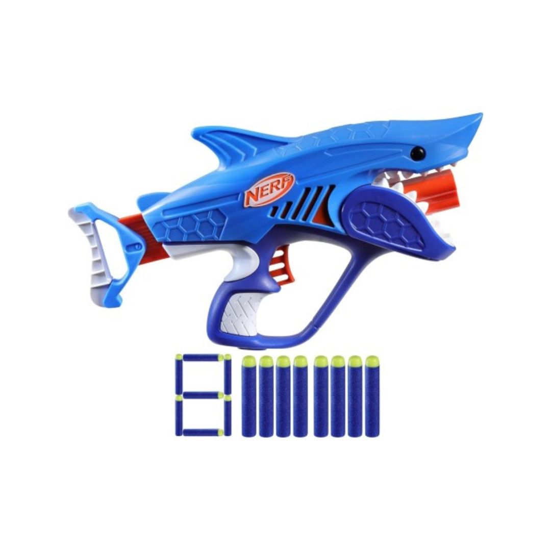 Blue Nerf shark blaster toy with red accents and eight blue foam darts with yellow tips, shown on a plain white background.