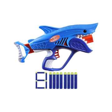 Blue Nerf shark blaster toy with red accents and eight blue foam darts with yellow tips, shown on a plain white background.