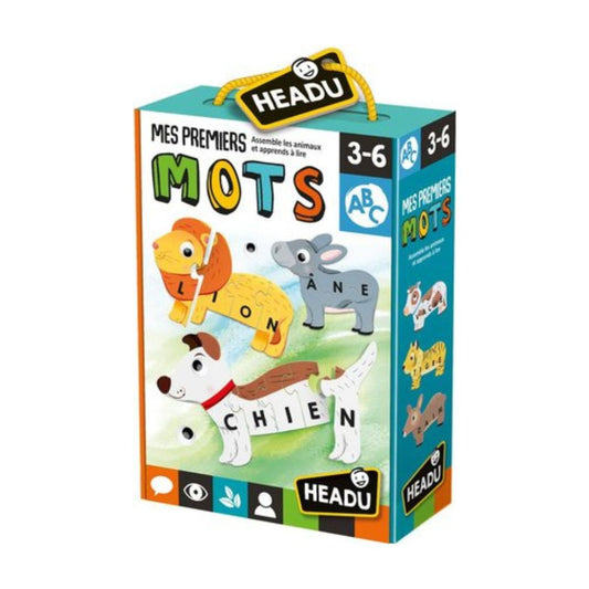Box for the French children's puzzle game 'Mes premiers mots' by HEADU, featuring colorful animal illustrations and a yellow hanging handle on a white background.