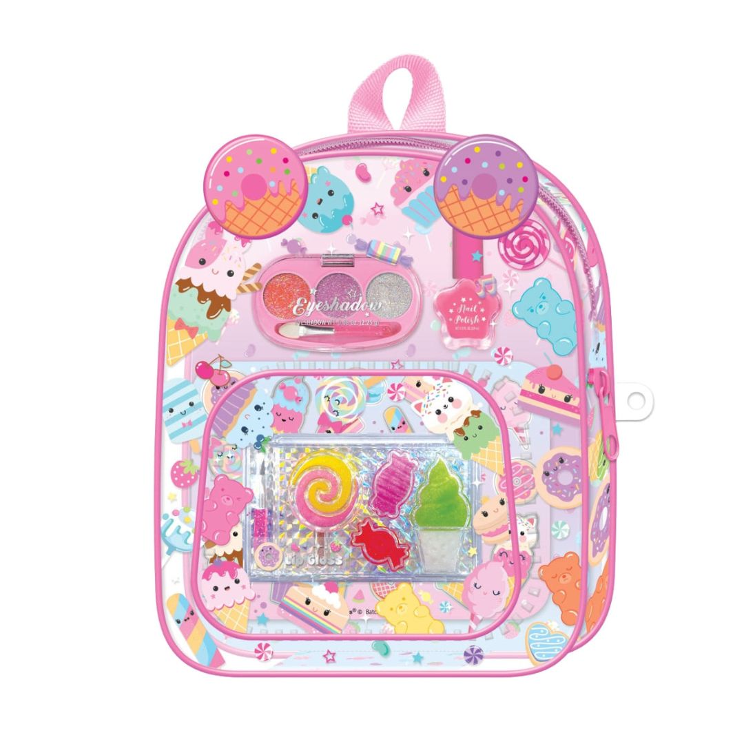 A pink children's backpack decorated with cute cartoon characters, sweets, and accessories, shown against a plain white background.