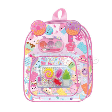 A pink children's backpack decorated with cute cartoon characters, sweets, and accessories, shown against a plain white background.