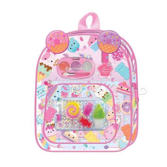 A pink children's backpack decorated with cute cartoon characters, sweets, and accessories, shown against a plain white background.