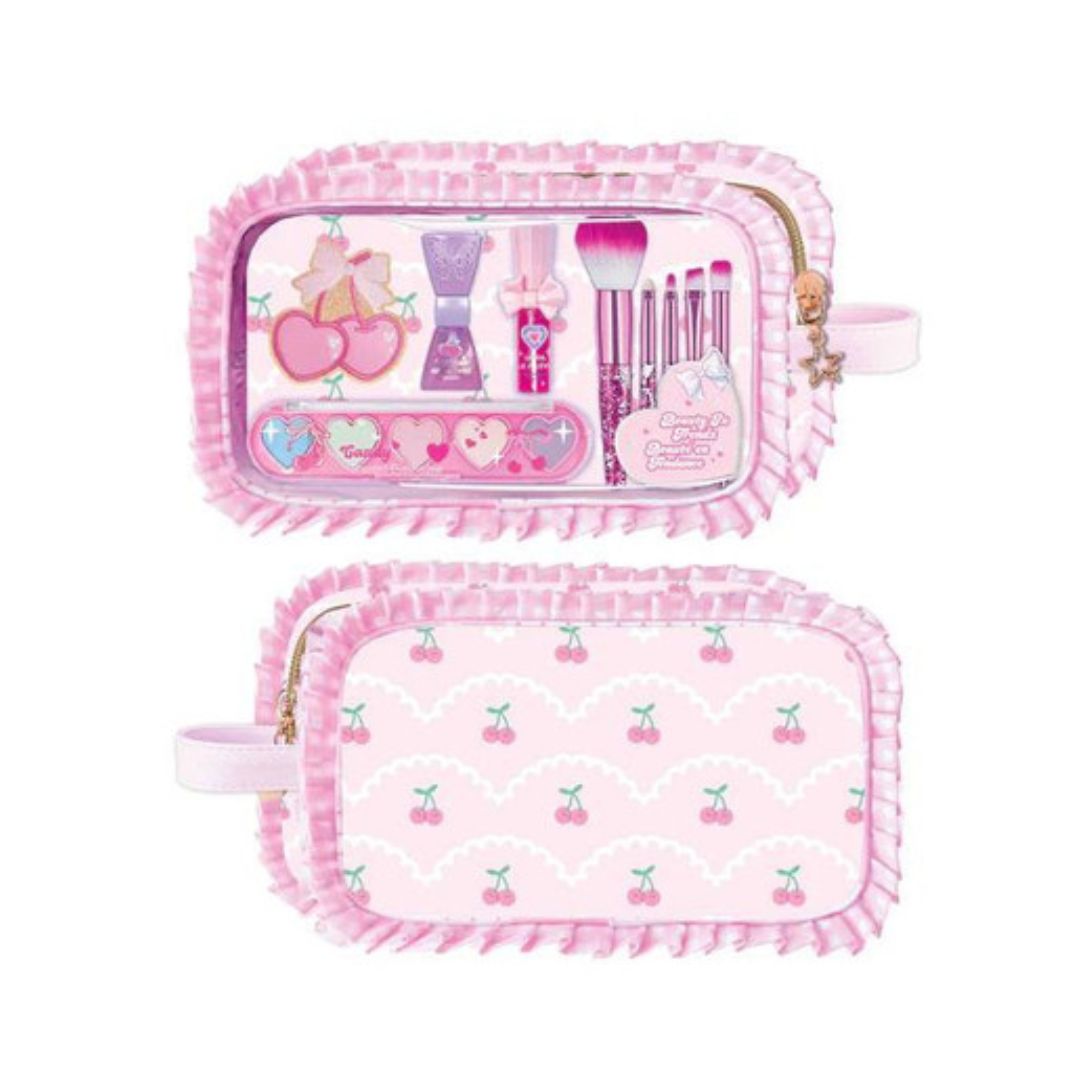 A pink cosmetic bag shown open and closed on a white background. The bag has a ruffled pink border, a transparent front pocket containing makeup items, and a cherry pattern on the inside flap.