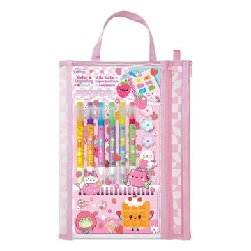 A pink zippered pencil pouch set from the brand Kuretake, containing a variety of colorful gel pens, sticky notes, and a small notepad with cute cartoon characters, all presented in a clear plastic bag with pink trim.