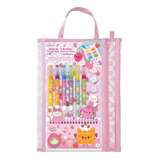 A pink zippered pencil pouch set from the brand Kuretake, containing a variety of colorful gel pens, sticky notes, and a small notepad with cute cartoon characters, all presented in a clear plastic bag with pink trim.