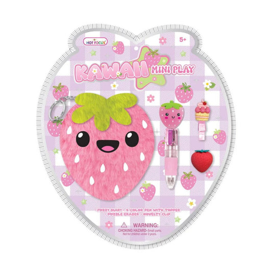 A heart-shaped Kawaii Mini Play toy set by Hot Toys, featuring a pink fuzzy strawberry character, a pink marker, a strawberry-shaped eraser, and other small accessories on a light purple checkered backing card.