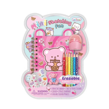 A children's mini sketching kit in a teddy bear-shaped packaging, featuring a pink bear-themed notebook, colored pencils, a pink eraser, stickers, and a small erasable colored pencil, on a plain white background.