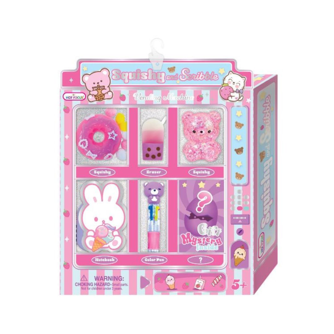Shop the Hot Focus Squishy And Scribble Critters Set! Features vending machine packaging, 2 squishies, boba eraser, bunny notebook, pen, and mystery gift for ages 5+.