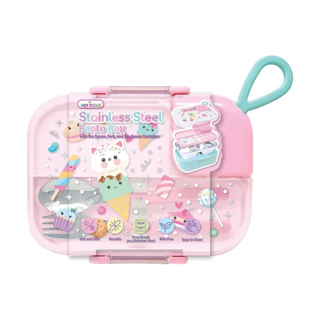 Shop the Hot Focus Stainless Steel Bento Box! Leak-resistant, BPA-free compartment lunch box with utensils for school lunches and snacks for ages 5+.