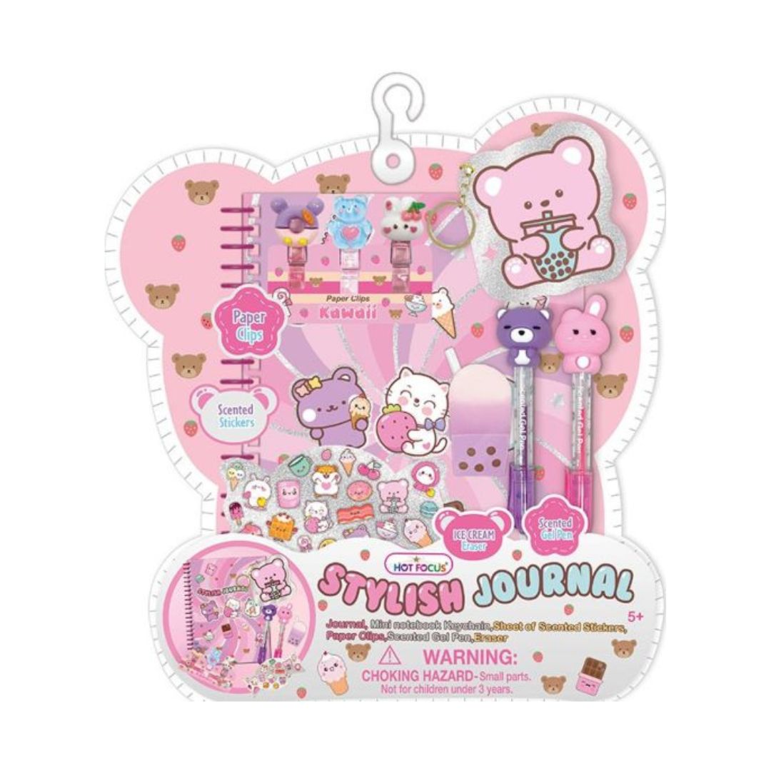 Shop the Hot Focus Stylish Journal Set! Includes spiral journal, mini notebook keychain, scented gel pens, paper clips, stickers, and eraser for ages 5+.