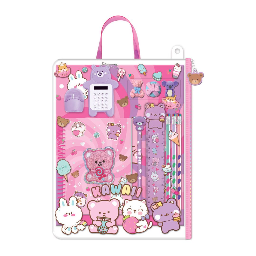 A pink kawaii-themed plastic zippered file folder with a carrying handle, decorated with cute cartoon bears, rabbits, and the word 'KAWAII'.