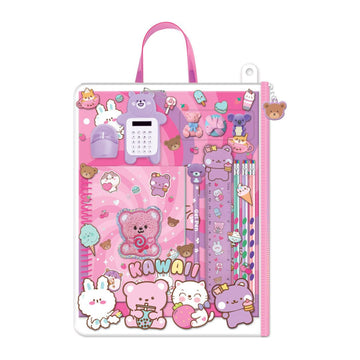 A pink kawaii-themed plastic zippered file folder with a carrying handle, decorated with cute cartoon bears, rabbits, and the word 'KAWAII'.