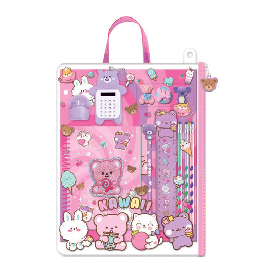 A pink kawaii-themed plastic zippered file folder with a carrying handle, decorated with cute cartoon bears, rabbits, and the word 'KAWAII'.