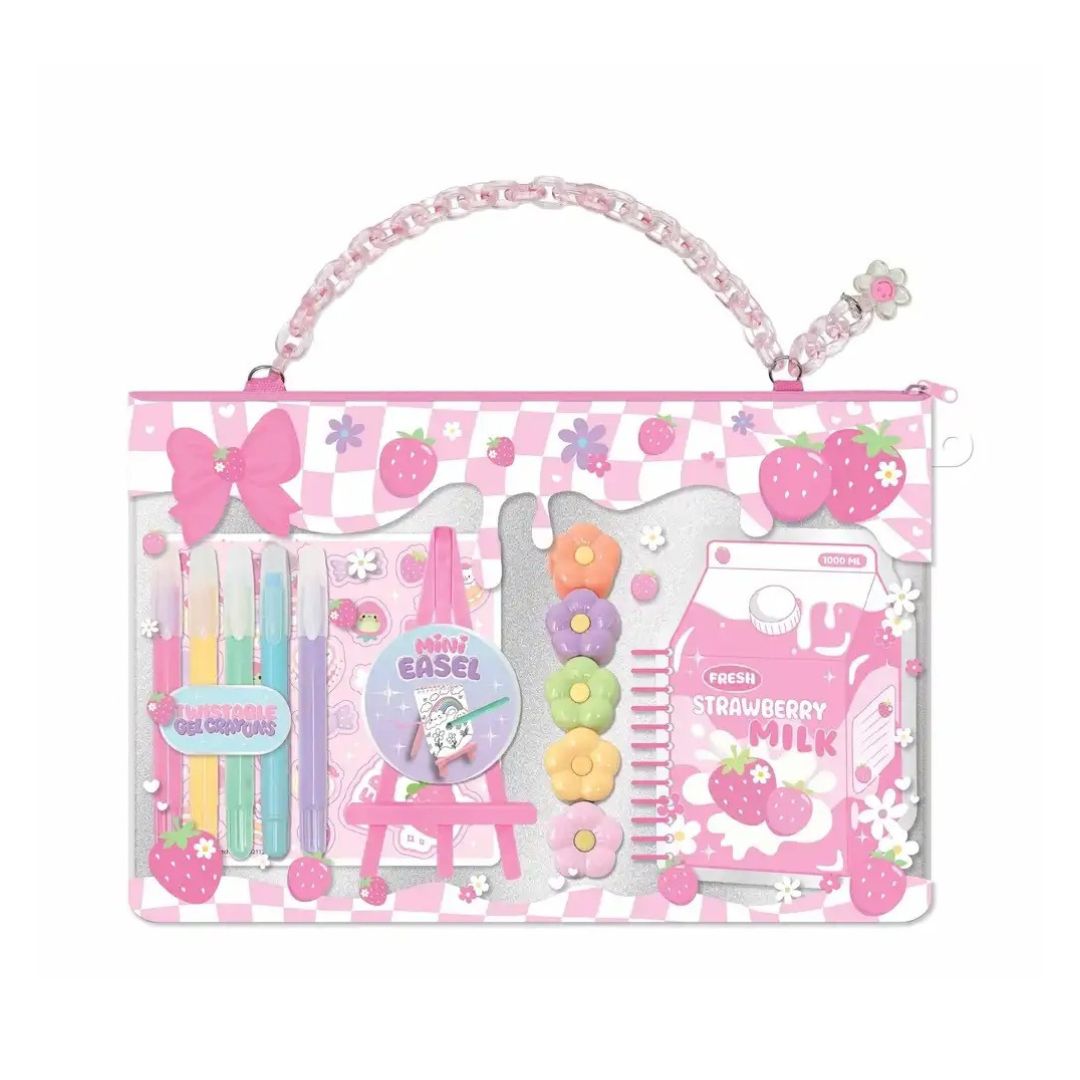 A pink and white checkered clear plastic pencil case with a chain handle, decorated with strawberry and floral motifs, containing various pastel-colored stationery items.